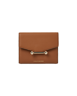 A brown leather wallet with a metal handle