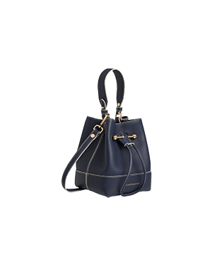 A blue handbag with a metal handle