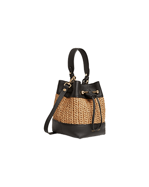 A straw bag with a black strap