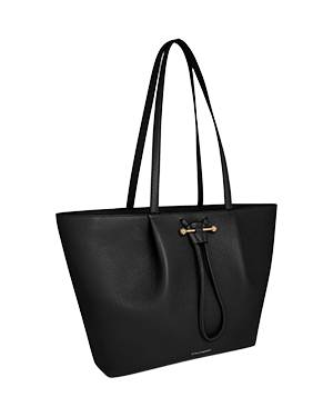 A black leather tote bag on a white background