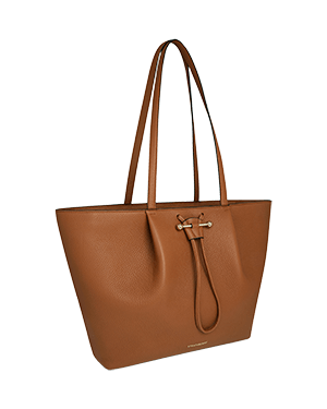 A brown leather tote bag on a white background