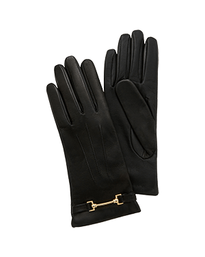 A pair of black leather gloves with a gold chain