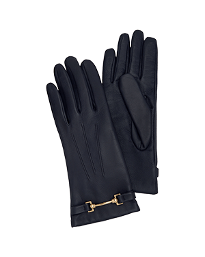 A pair of black leather gloves with a gold buckle