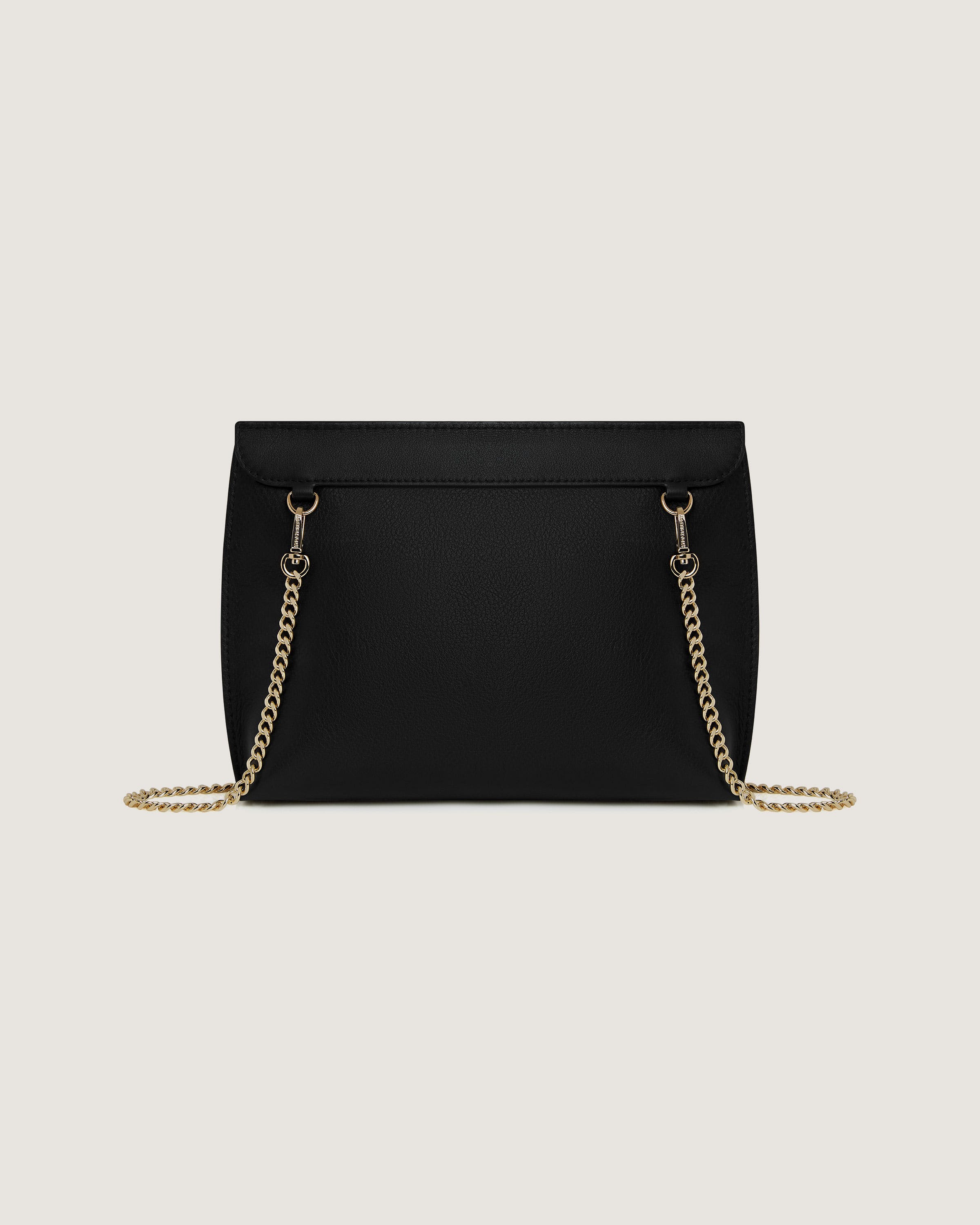 A black clutch bag with a chain strap