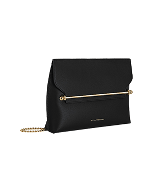 A black clutch bag with a gold chain