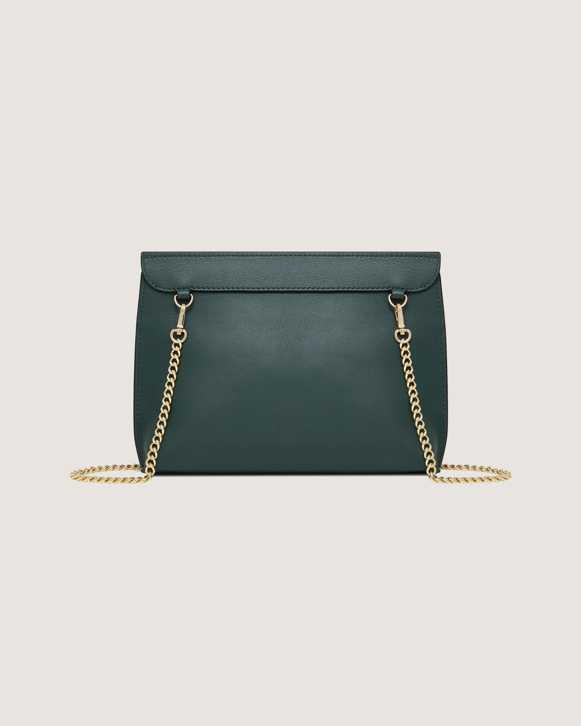 A green leather bag with a chain strap