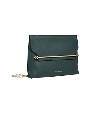 A black clutch bag with a gold chain