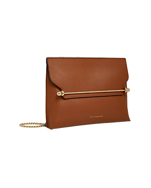 A brown clutch bag with a gold chain