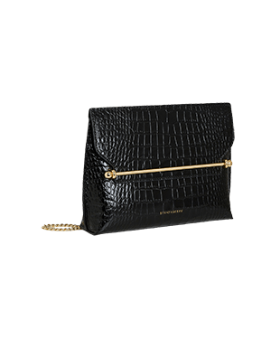 A black clutch bag with a gold chain