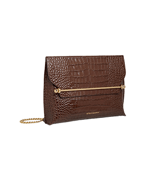 A brown clutch bag with a gold chain