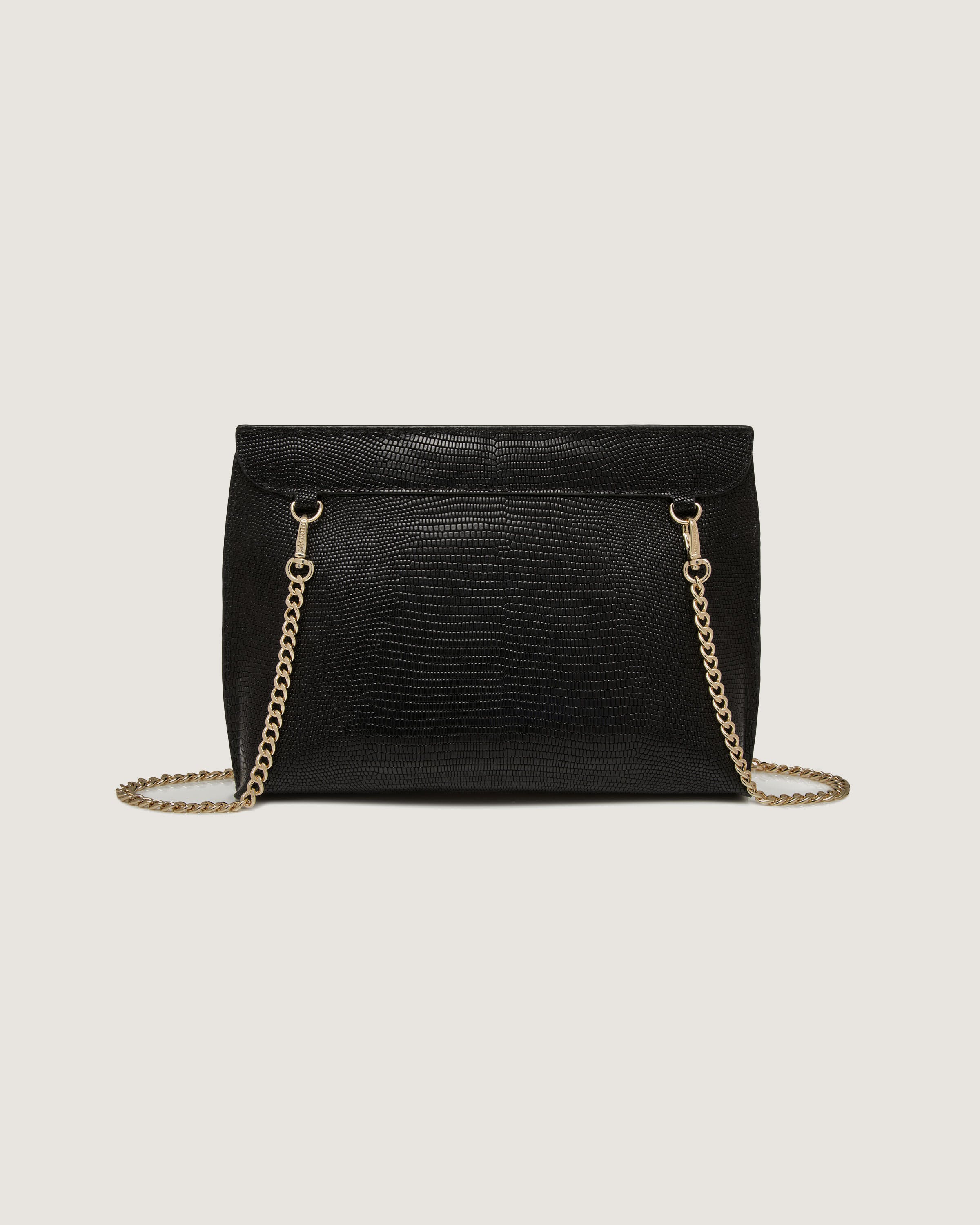 A black handbag with a chain strap