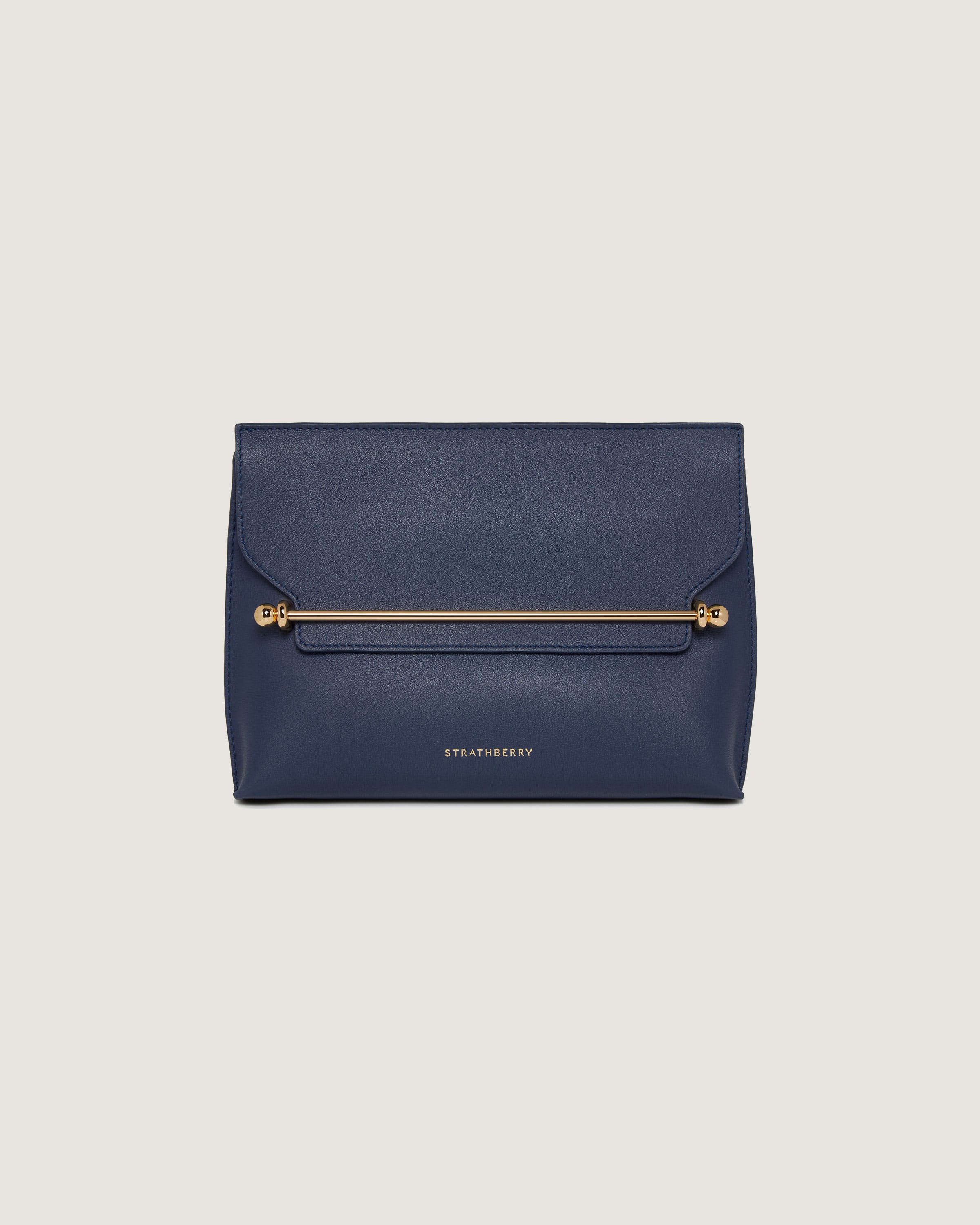 A blue clutch bag with a gold zipper