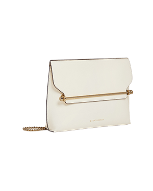 A white clutch bag with a chain strap