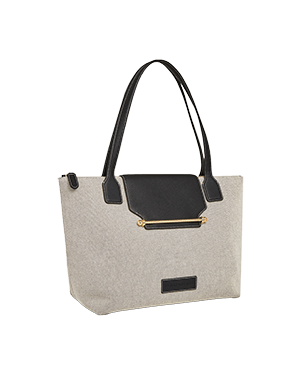 A white and black handbag with a black handle