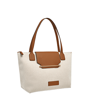 A white and brown handbag with a brown handle