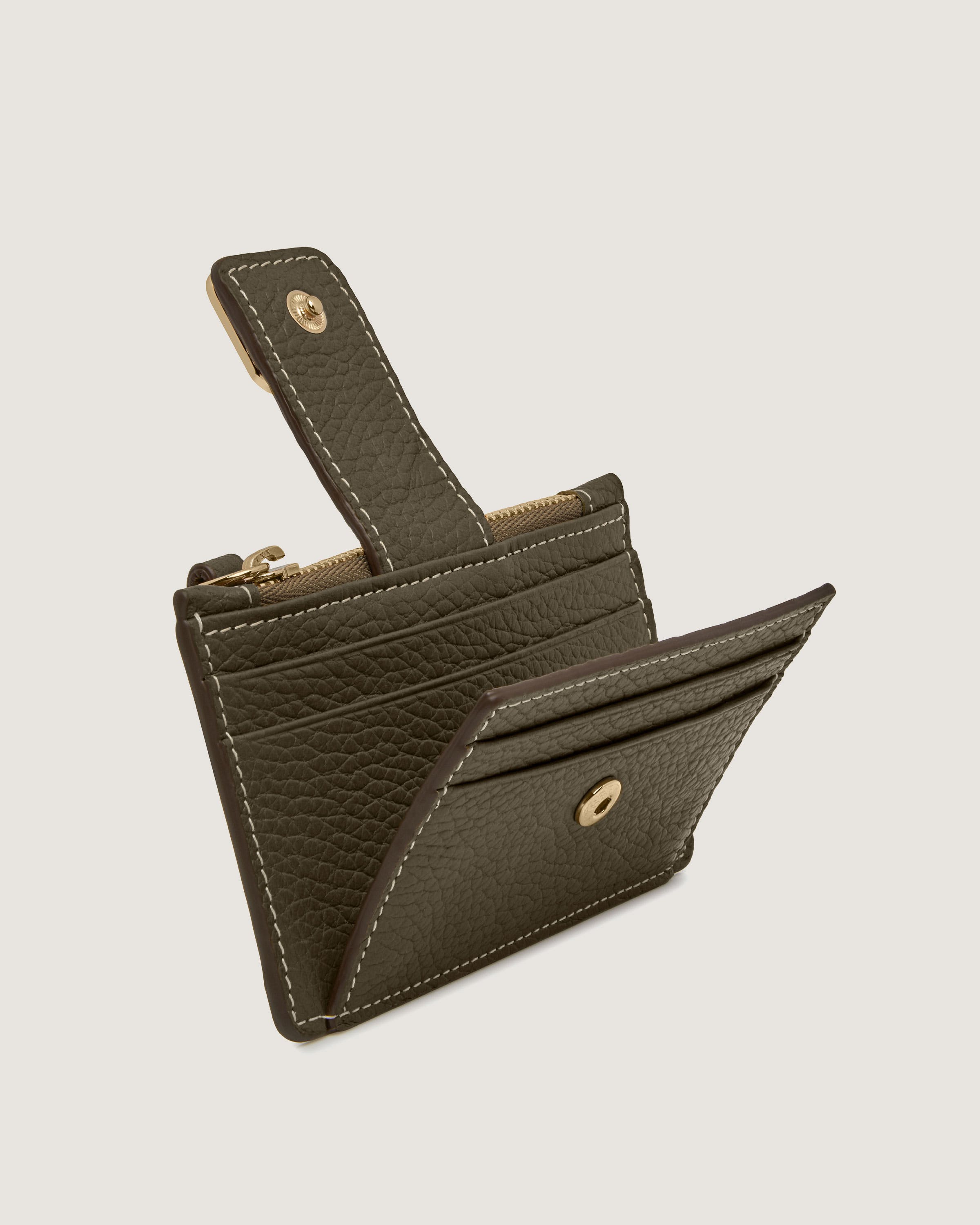 A small wallet with a card holder attached to it