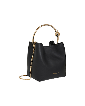 A black handbag with a gold handle