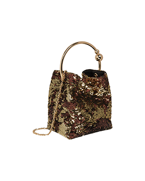 A brown and gold sequinized handbag