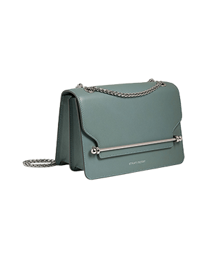 A grey handbag with a chain strap