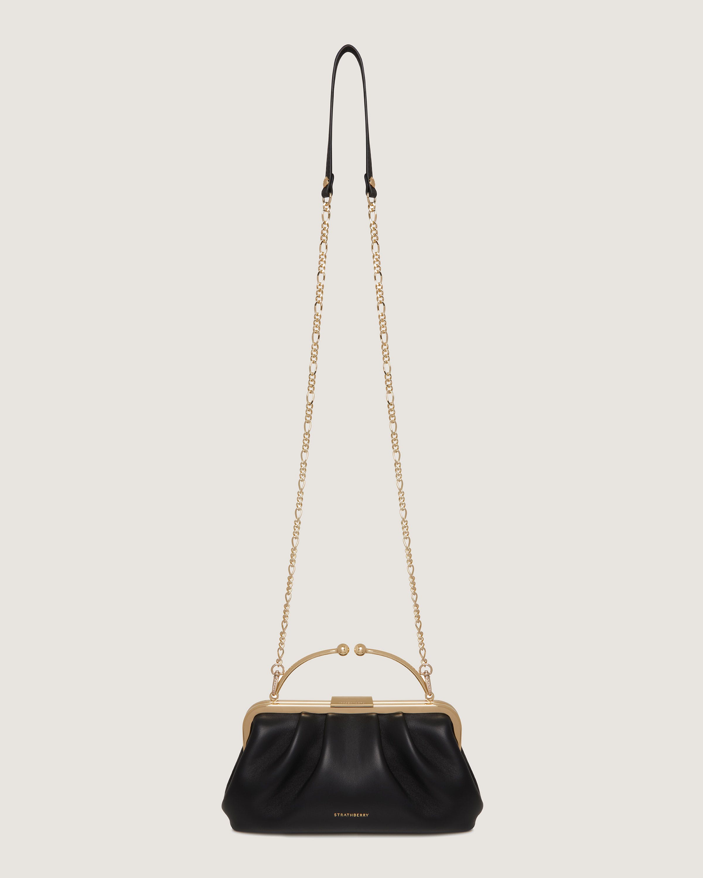 A black handbag with a chain strap