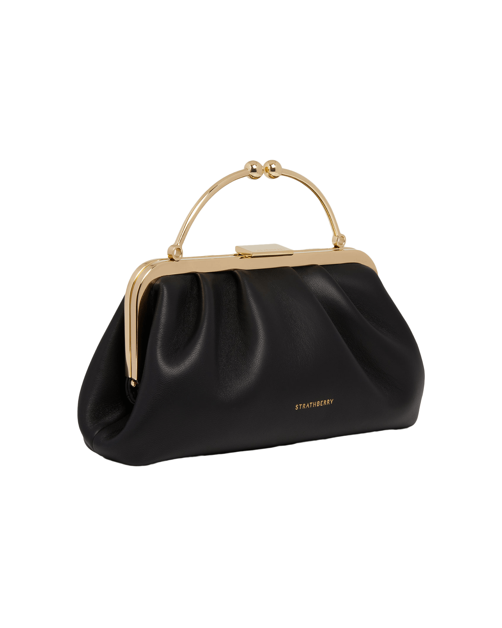 A black purse with a gold handle