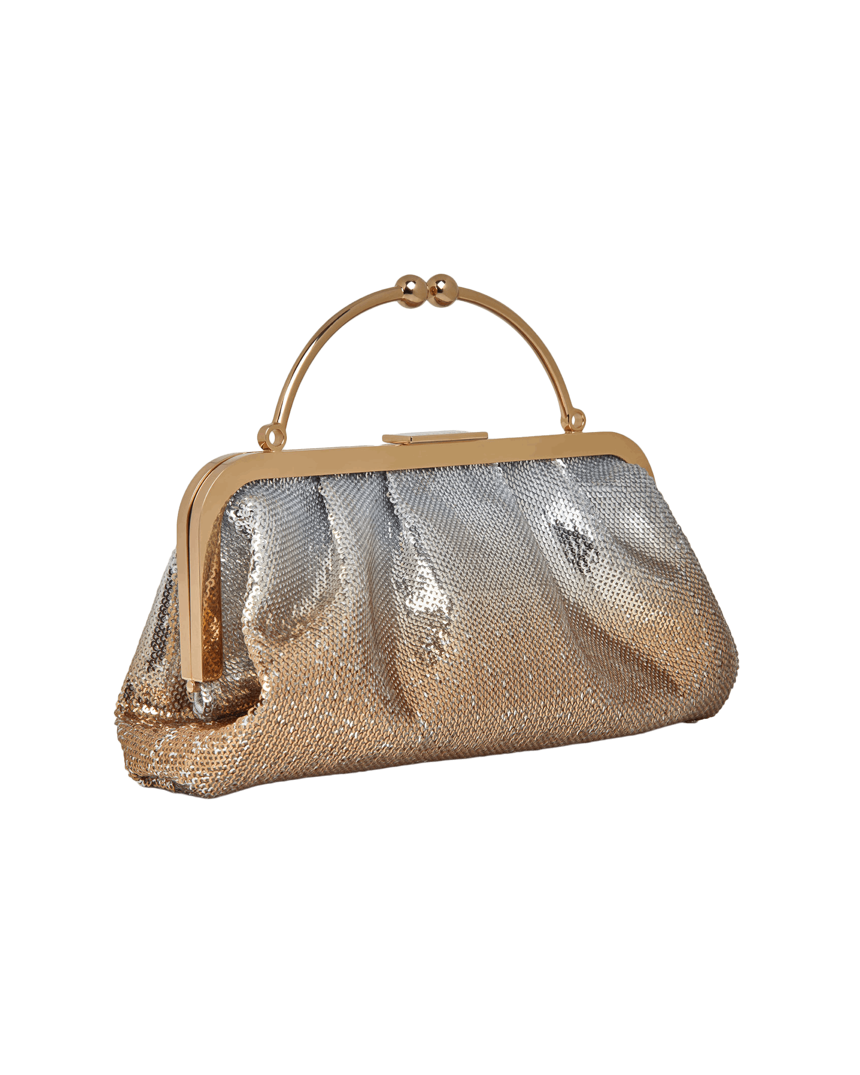 A gold and silver purse on a green background