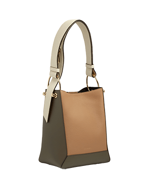 A brown and beige handbag with a strap