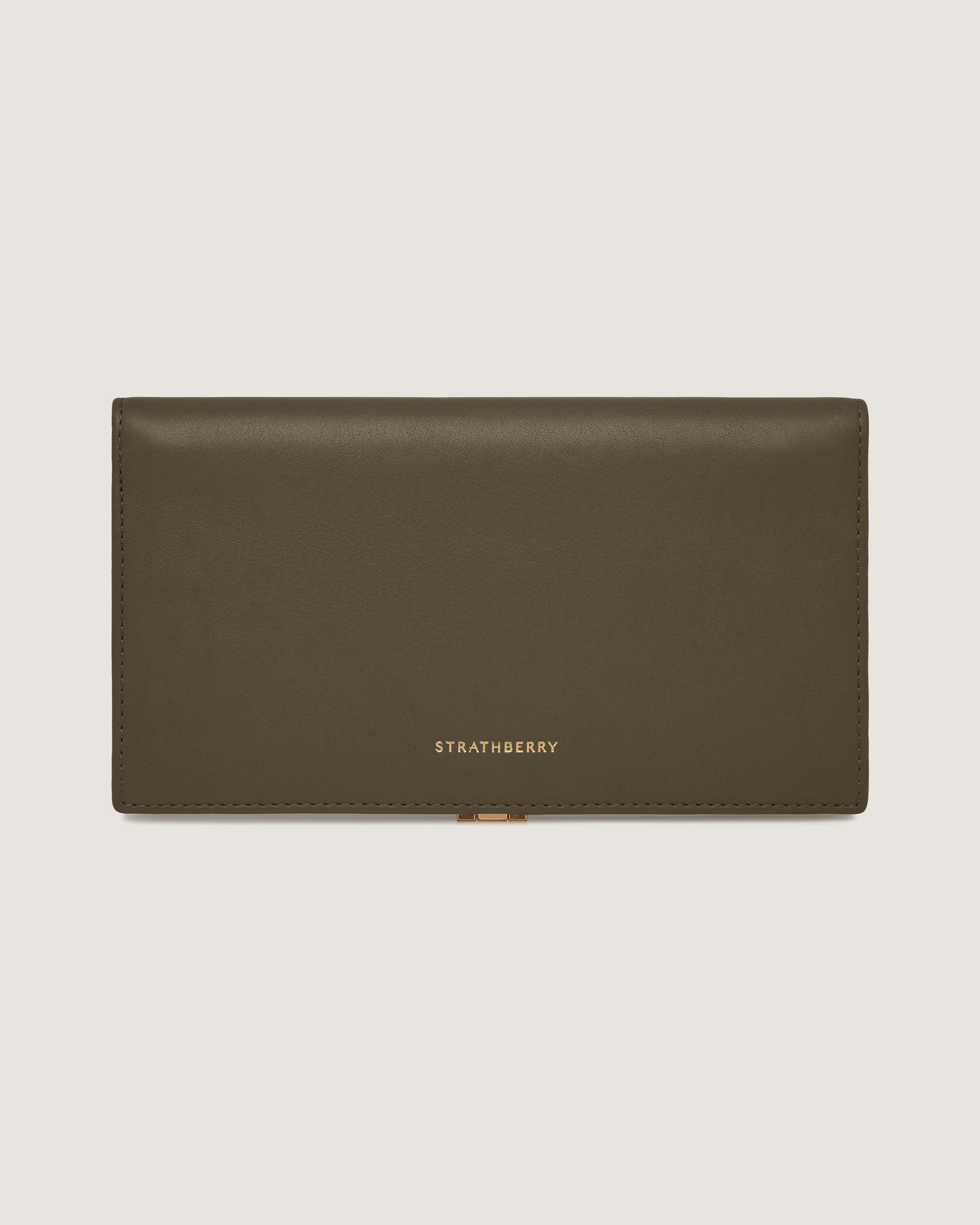 A brown leather wallet on a white background