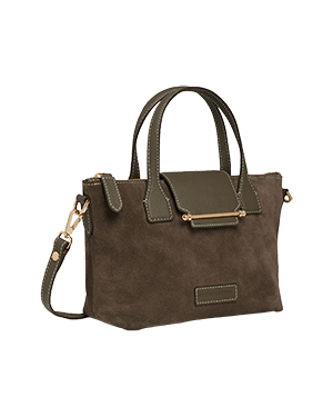 A brown handbag with a gold handle