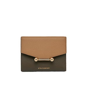 A brown and tan wallet with a gold clasp