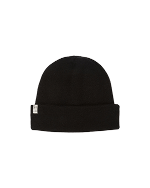 A black beanie hat on a white background