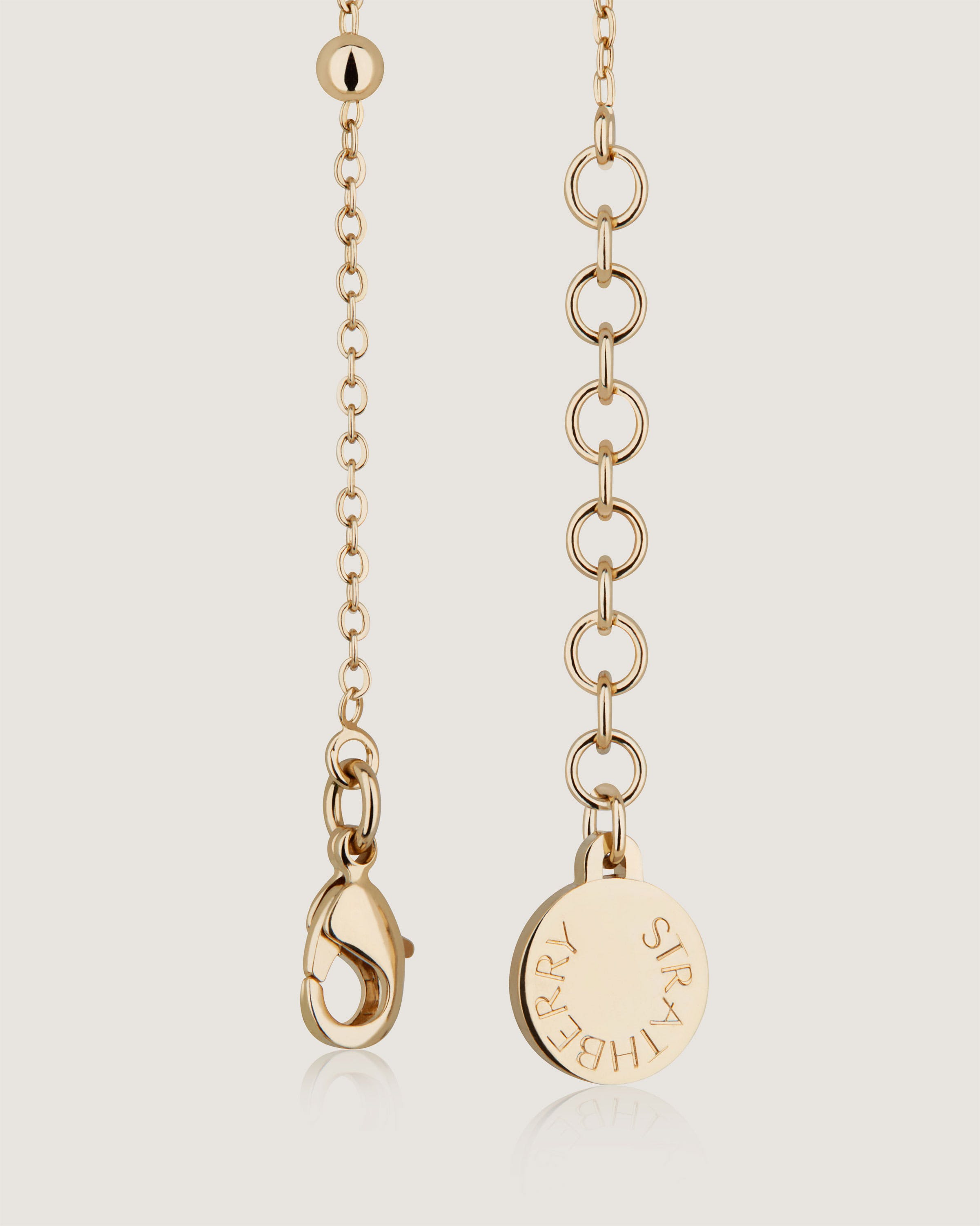 A pair of gold chain earrings with a name tag