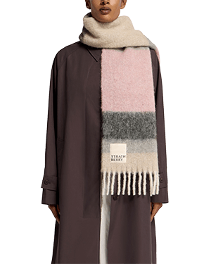 A woman wearing a brown coat and a pink scarf