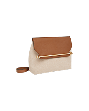 A beige and brown purse with a gold handle