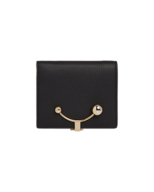 A black leather wallet with a gold handle