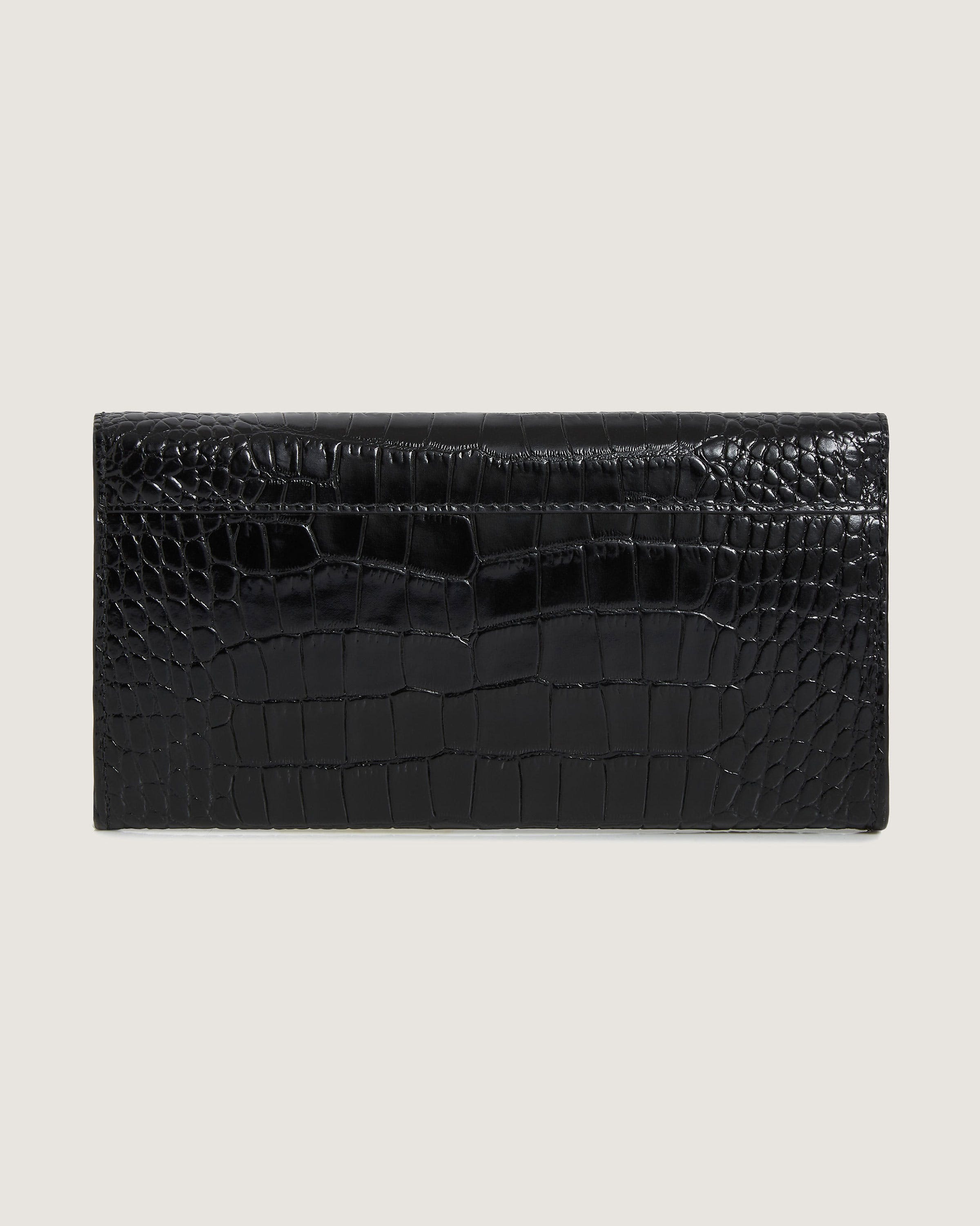 A black leather wallet with a crocodile pattern