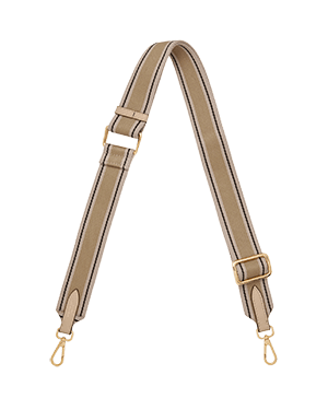 A beige strap with a gold buckle