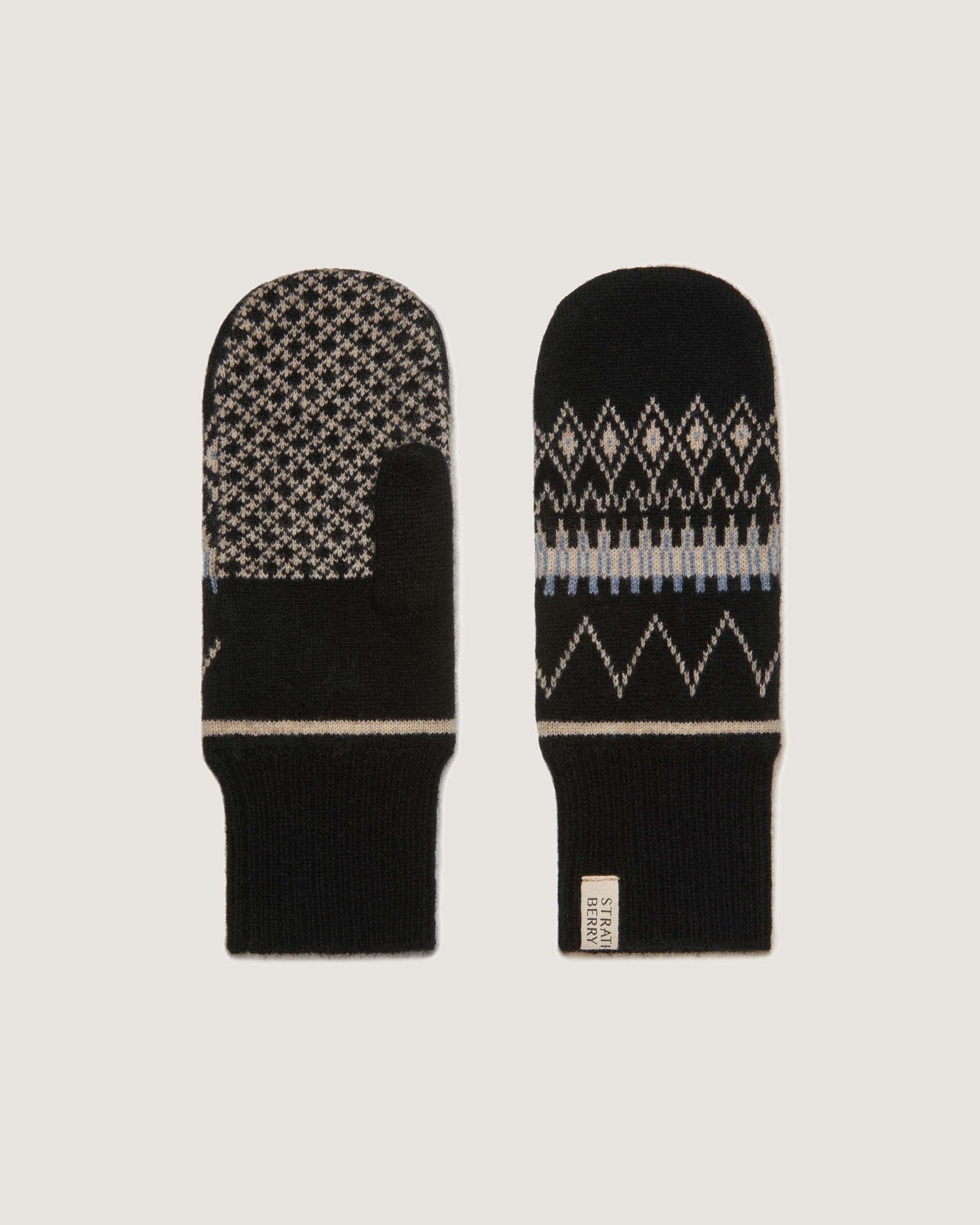 A pair of black mitts with a pattern