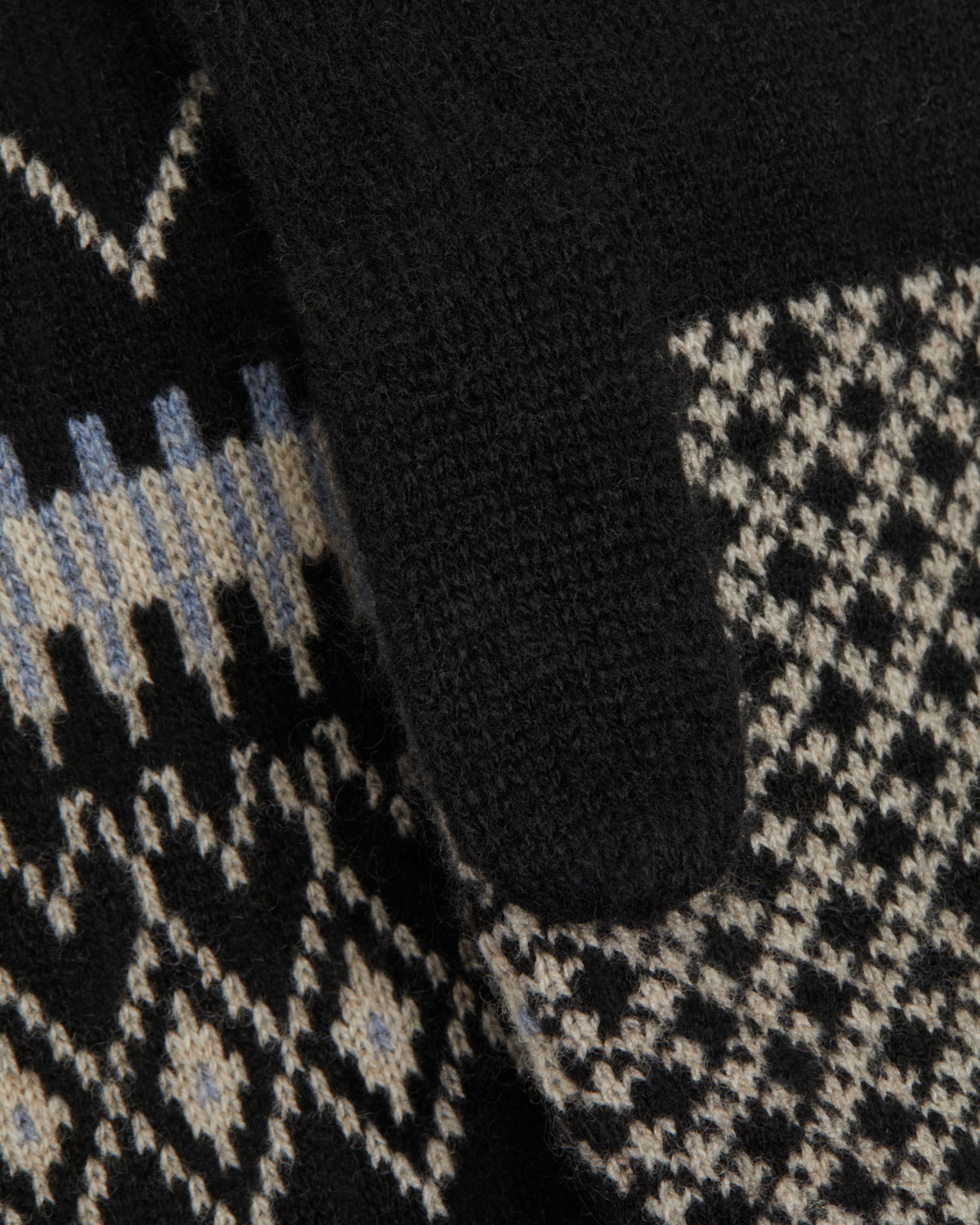 A close up of a black and white sweater