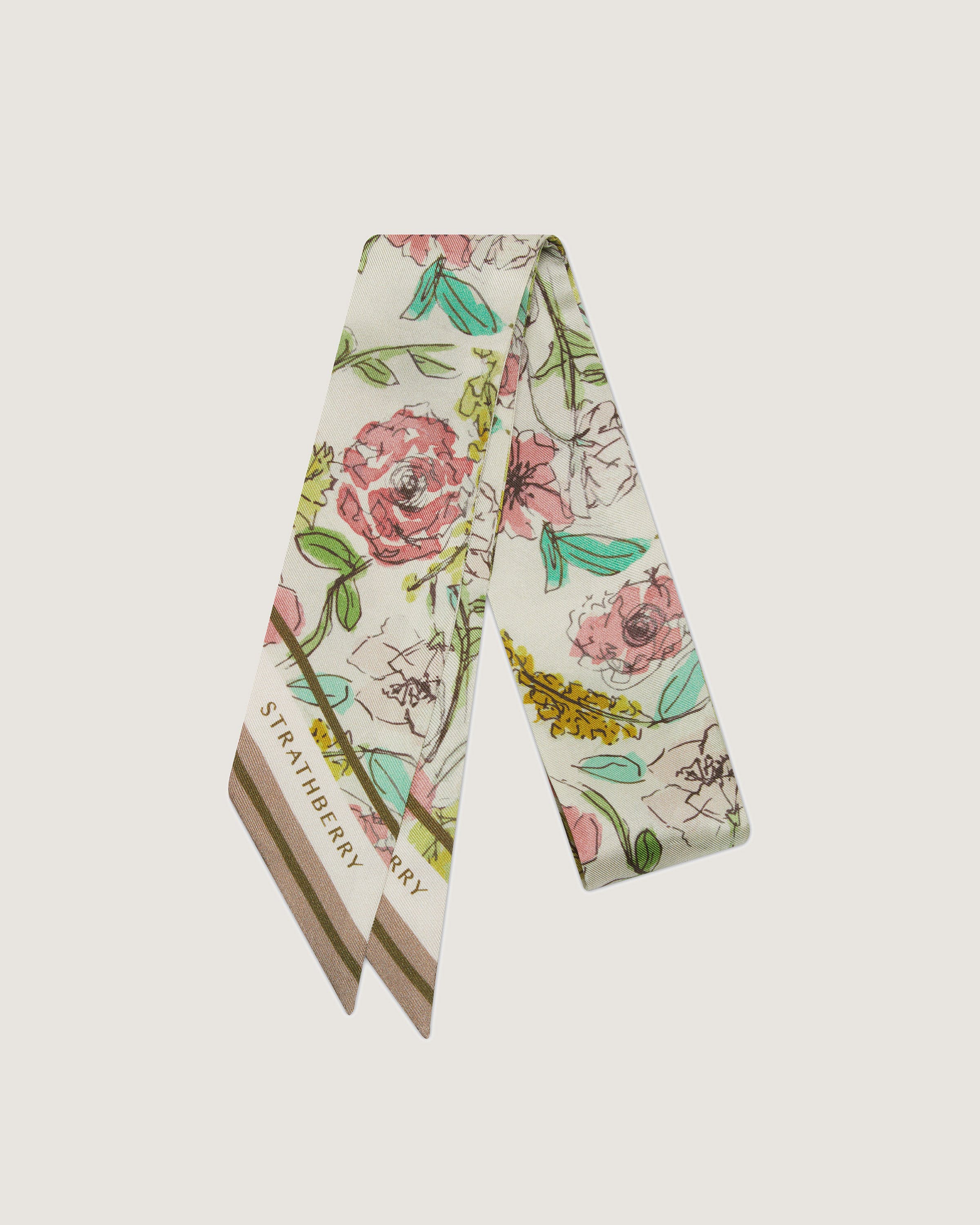 A white neck tie with flowers on it