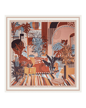 A painting of a living room with plants