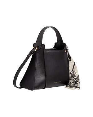 A black handbag on a white background