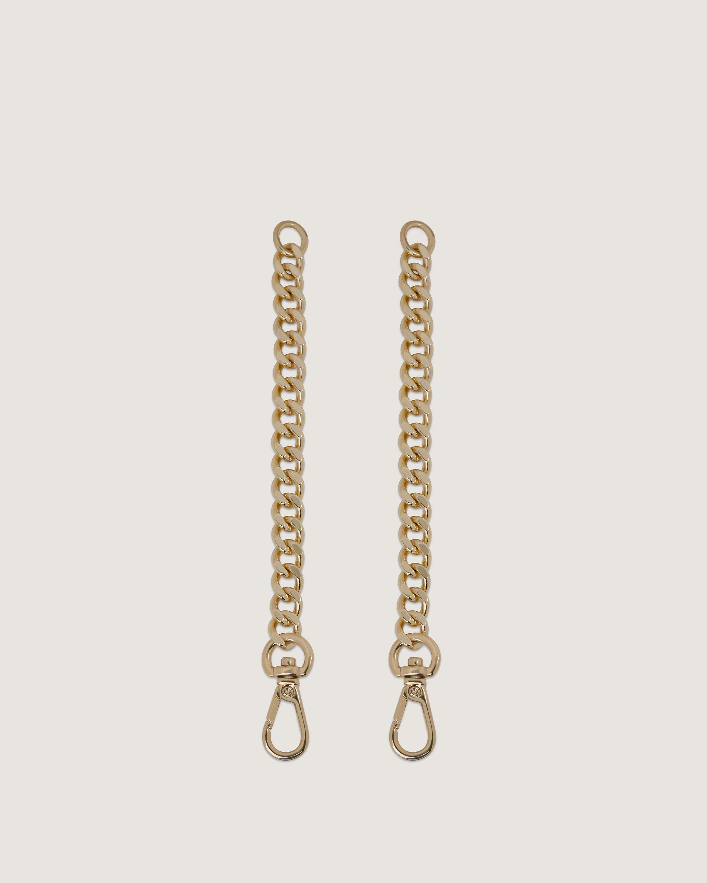 A pair of gold chain earrings on a white background