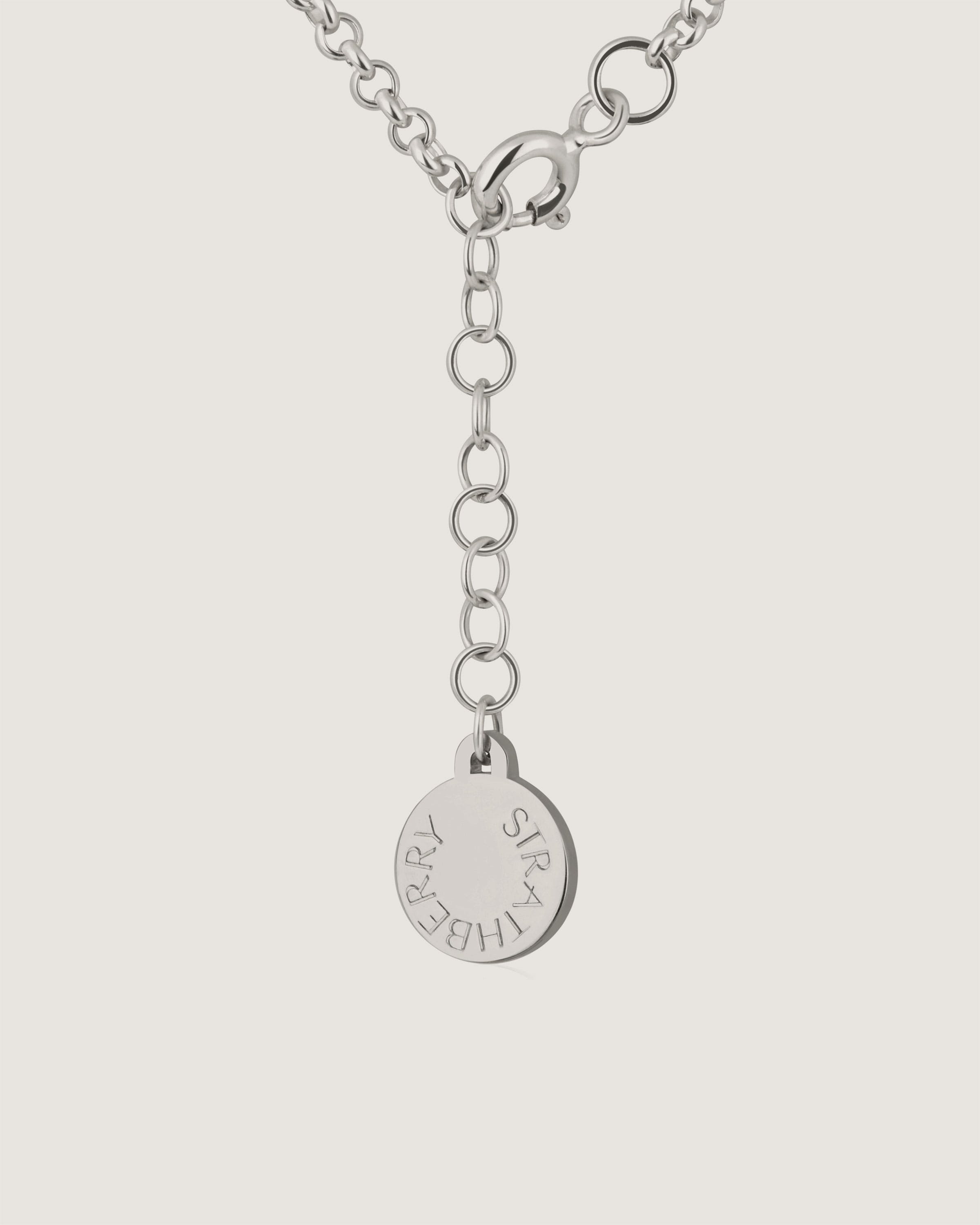 A silver necklace with a small disc on a chain