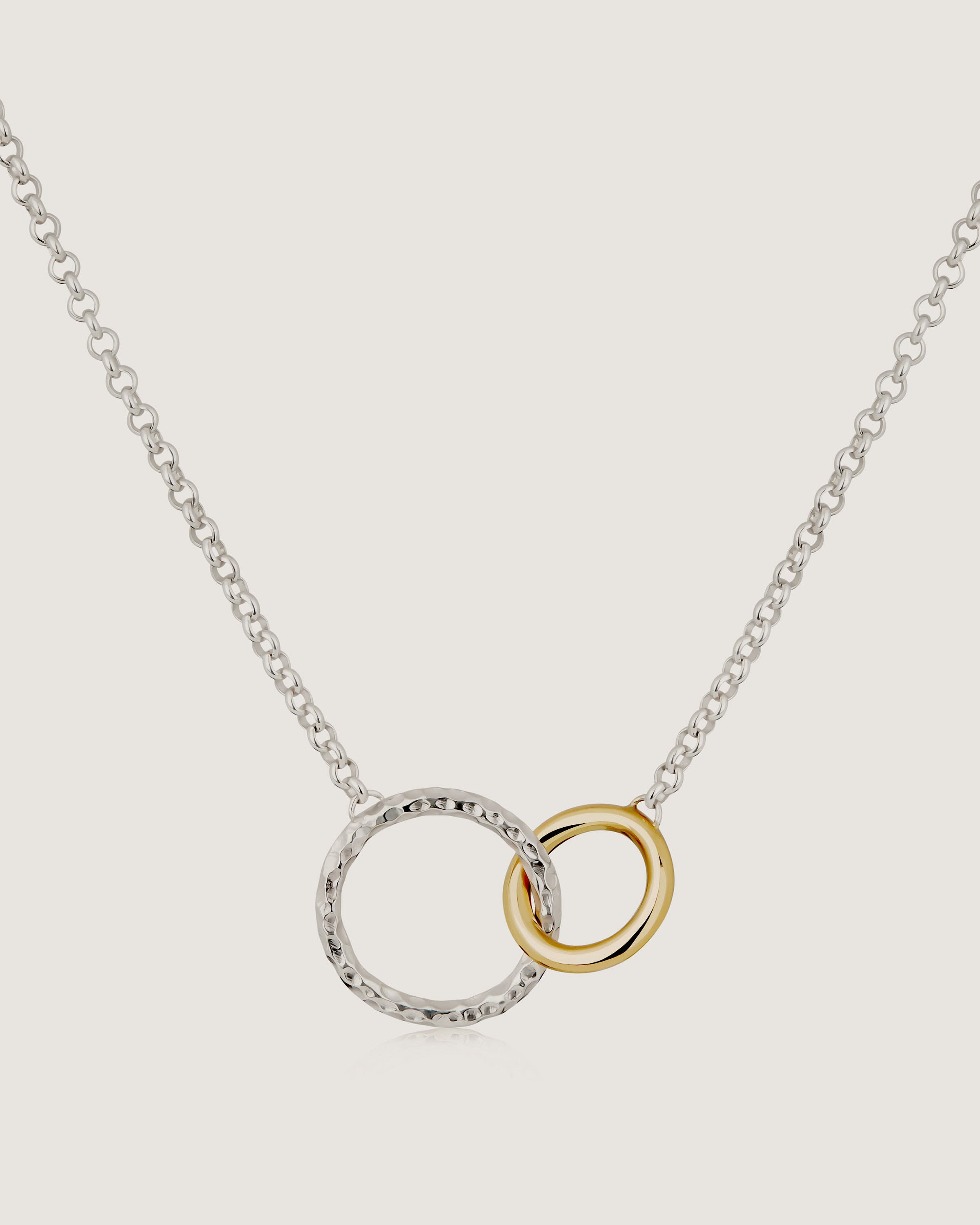 A silver and gold necklace with two circles