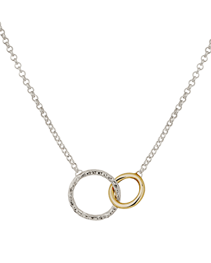 A silver and gold necklace with two circles