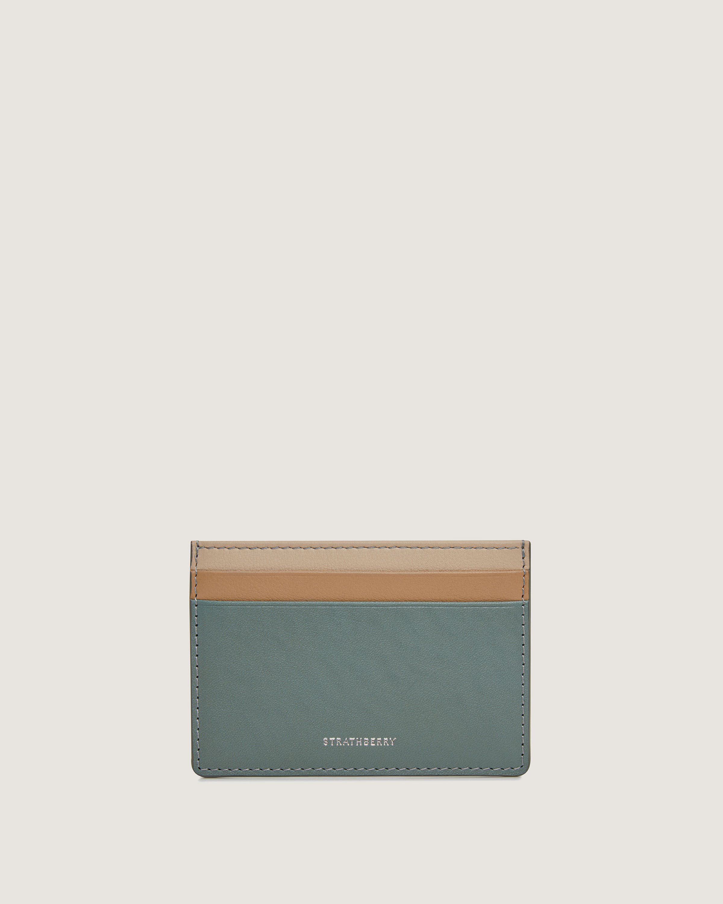 A card case with a tan and blue stripe