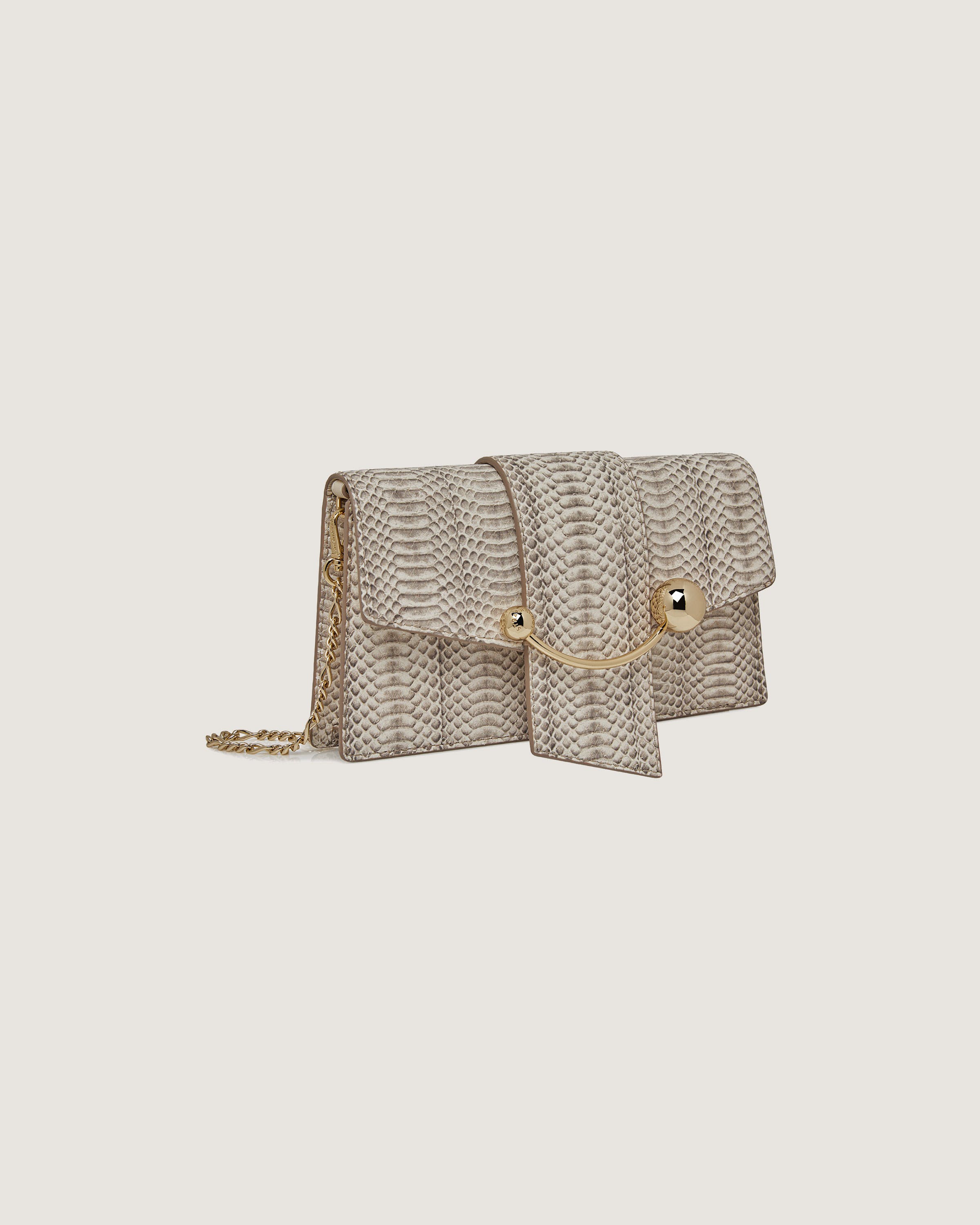 A snake skin purse with a chain strap