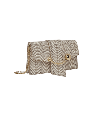 A beige snake skin purse with a chain strap