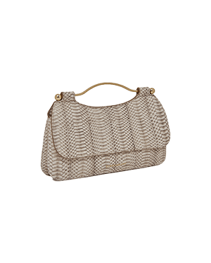 A beige handbag with a gold handle